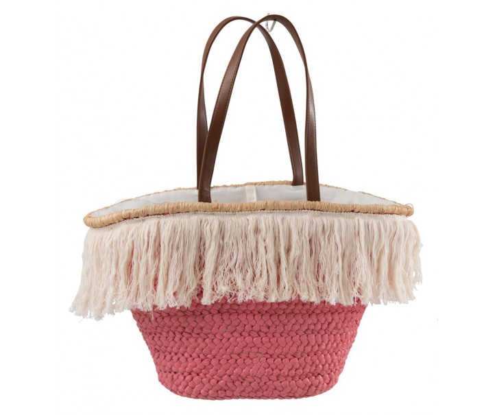 Růžová plážová taška/ košík s třásněmi Beach tassel - 48*18*30cm J-Line by Jolipa