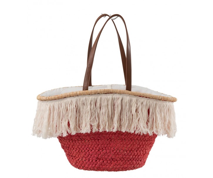 Růžová plážová taška/ košík s třásněmi Beach tassel - 48*18*30cm J-Line by Jolipa