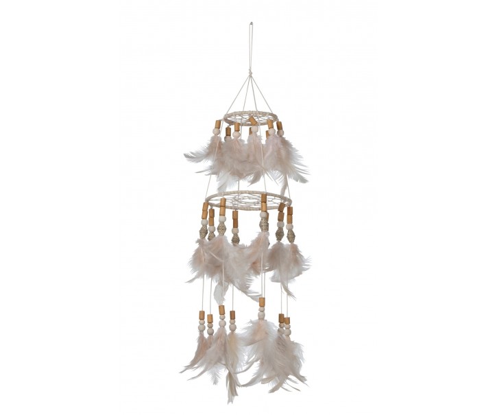 Přírodní lapač snů s lososovými peříčky Boho Feathers - Ø 13*50cm J-Line by Jolipa