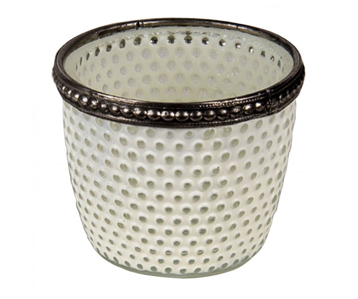 Bílý skleněný svícen White se zdobeným lemem - Ø 7*6 cm Clayre & Eef