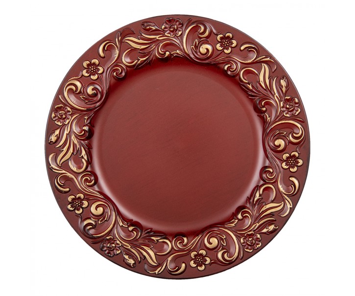 Červeno zlatý plastový dekorativní talíř s ornamenty - Ø 33*2 cm Clayre & Eef