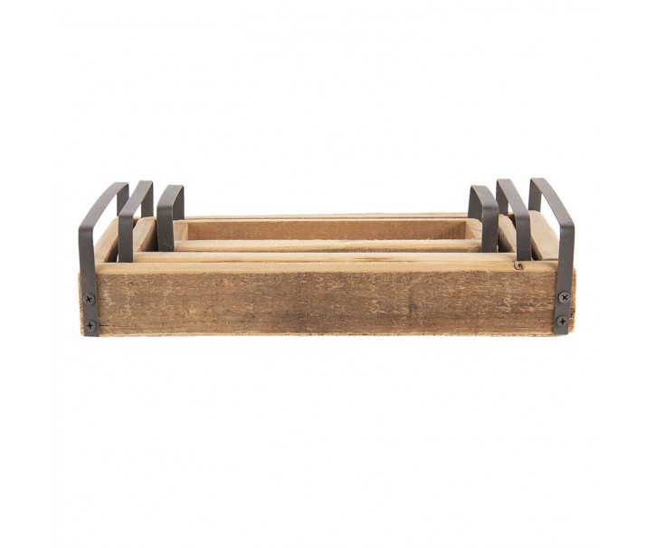 3 ks dekorativní servírovacích táců z recyklovaného dřeva s kovovými uchy - 35*20*5 / 30*15*5 / 25*10*5 cm Clayre & Eef