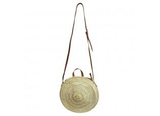 Slaměná kulatá kabelka přes rameno s hnědým uchem - 35*35*8 cm