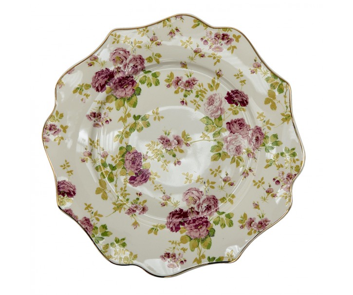 Porcelánový vlněný dezertní talířek s květy - Ø 21*2 cm Clayre & Eef
