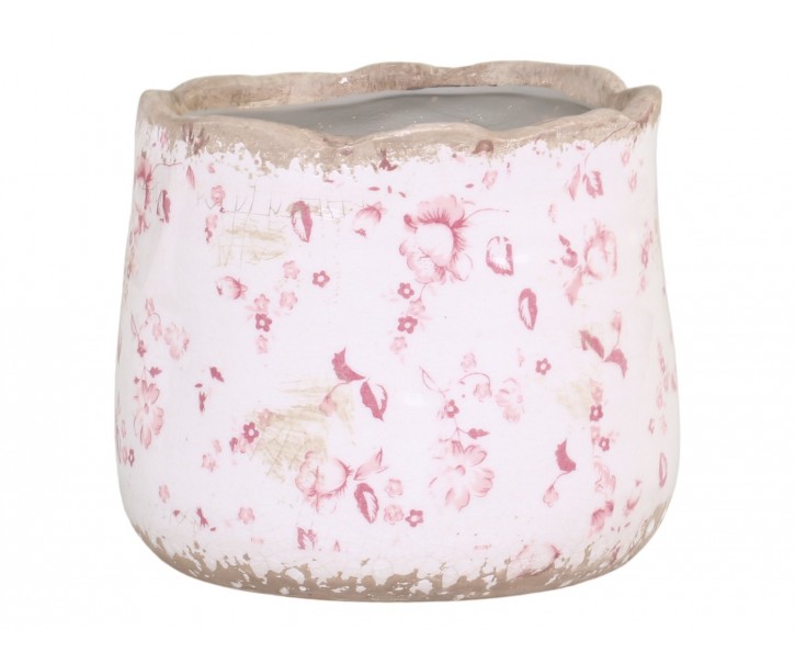 Keramický obal na květináč s růžovými kvítky Floral Cannes - Ø13*12cm Chic Antique