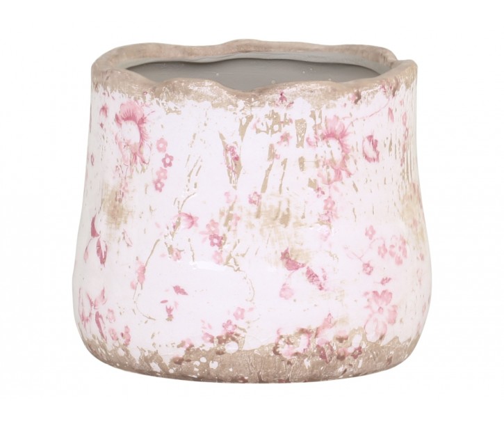 Keramický obal na květináč s růžovými kvítky Floral Cannes - Ø11*10cm Chic Antique