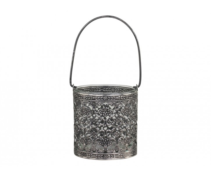 Skleněný svícen s kovovou ozdobou a držadlem Hann - 26*17*8 cm Chic Antique
