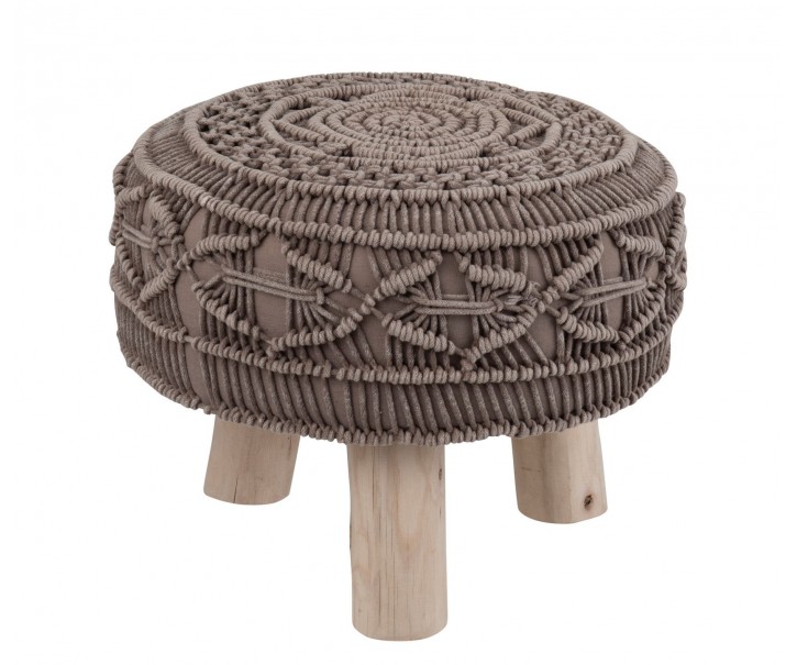 Bavlněný sedák Macrame taupe na dřevěných nožkách - Ø 40*30cm J-Line by Jolipa