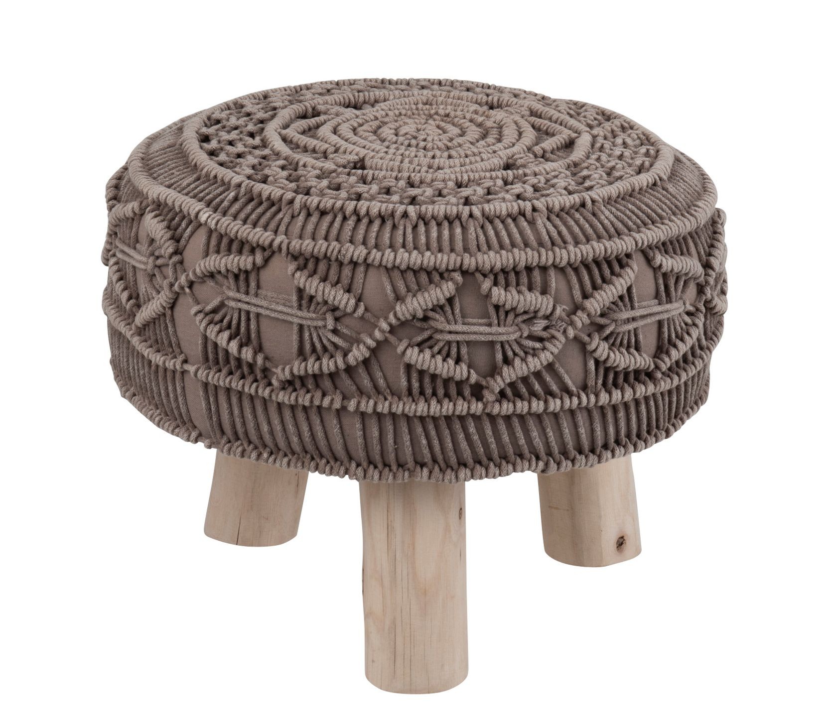 Bavlněný sedák Macrame taupe na dřevěných nožkách - Ø 40*30cm