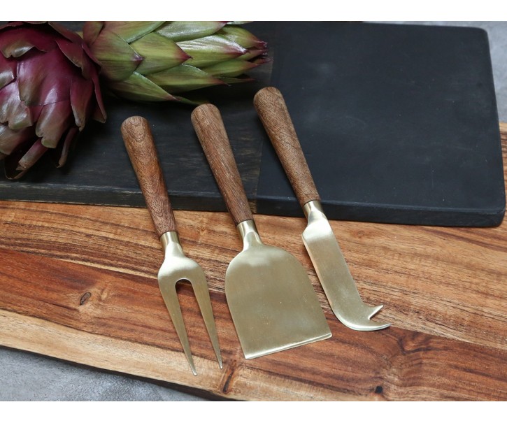 3ks zlatá sada na sýry s dřevěnou rukojetí Cheese - 17cm Chic Antique