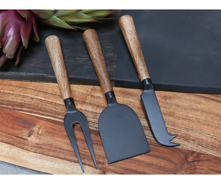 3ks černá sada na sýry s dřevěnou rukojetí Cheese - 17cm Chic Antique