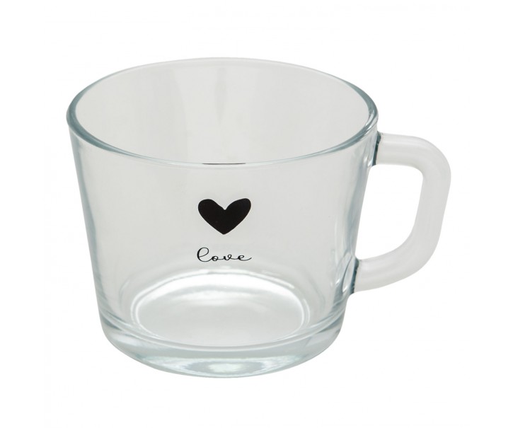 Skleněný hrneček s černým srdíčkem Love - 13*10*9 cm / 450 ml Clayre & Eef