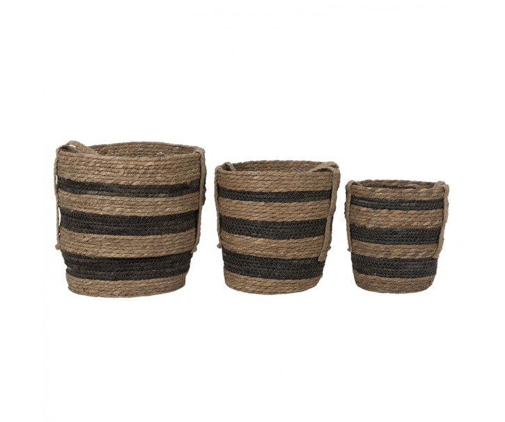 3ks přírodně černý košík z trávy - Ø 33*33 / Ø 28*30 / Ø 24*26 cm Clayre & Eef