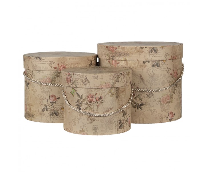 Sada 3ks béžových vintage papírových krabic - Ø 23*20 / Ø 20*17 / Ø 17*14 cm Clayre & Eef