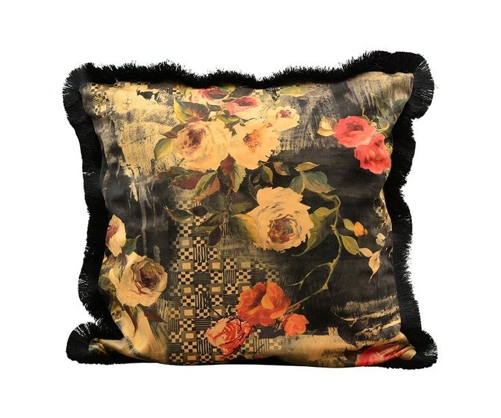 Černý sametový polštář s květy a třásněmi Dans - 45*45cm Exner