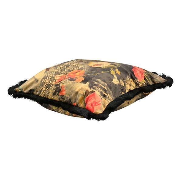 Černý sametový polštář s květy a třásněmi Dans - 45*45cm Exner Černý sametový polštář s květy a třásněmi Dans - 45*45cm Exner
