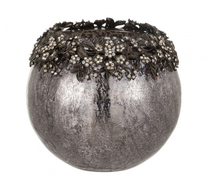 Skleněný kouřový svícen se zdobením a kamínky Luxy - Ø 15*13cm J-Line by Jolipa