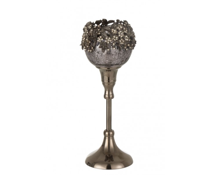 Skleněný kouřový svicen na nožičce se zdobením a kamínky Luxy - Ø 9*24cm J-Line by Jolipa