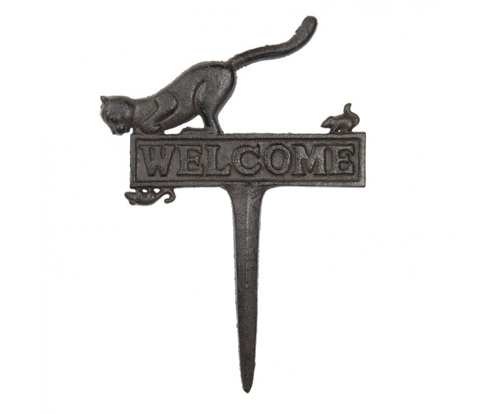 Hnědý litinový zápich kočka s myší Welcome - 22*1*31 cm