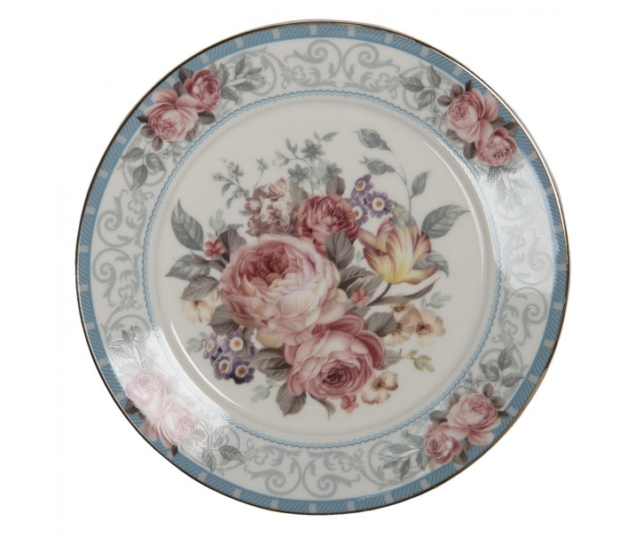 Porcelánový dezertní talířek se zlatou linkou Peony Rosé - Ø 21*2 cm Clayre & Eef