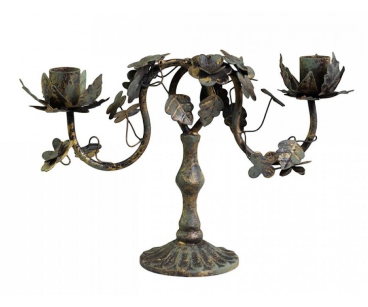 Kovový dvouramenný vintage svícen Leaves - 26*17*8 cm Chic Antique