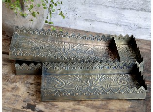 Set 3ks mosazný antik kovový podnos s patinou Flowre - 40*18*5cm
