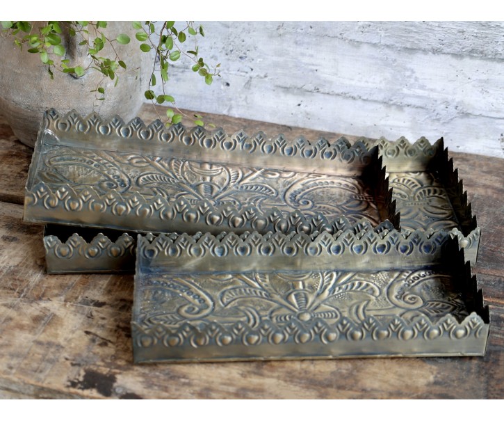 Set 3ks mosazný antik kovový podnos s patinou Flowre - 40*18*5cm Chic Antique