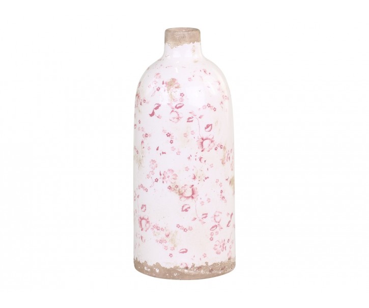 Keramická dekorační váza s růžovými kvítky Floral - Ø 11*26cm Chic Antique