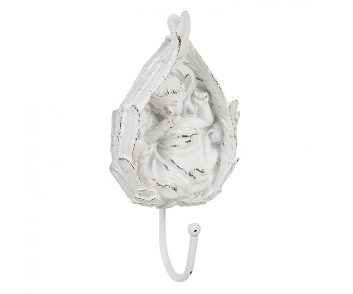 Bílý antik nástěnný háček s andílkem - 8*5*17 cm Clayre & Eef