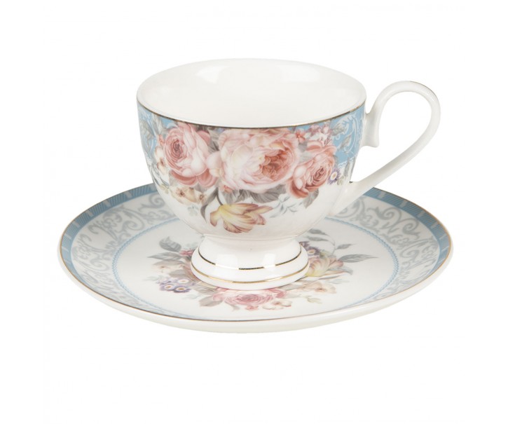 Porcelánový šálek s podšálkem Peony Rosé - Ø 9*8 / Ø 15*2 cm / 200 ml Clayre & Eef
