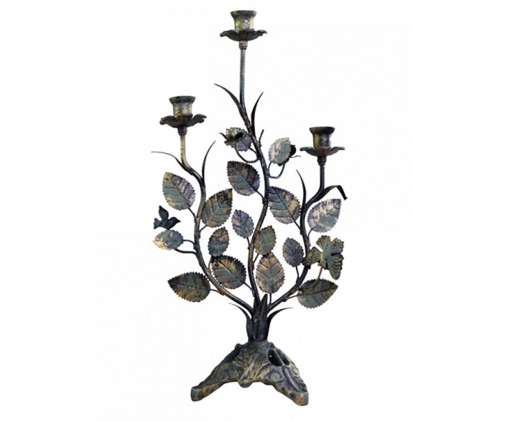 Kovový 3-ramenný vintage svícen s listy Leaves - 27*15*50 cm Chic Antique