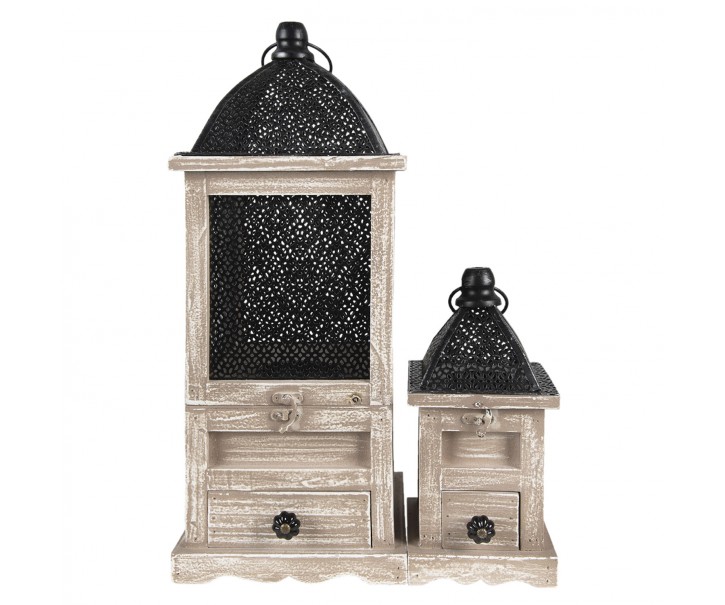 Set dvou dřevěných luceren Elliese se šuplíčky - 20*20*53 / 14*14*25 cm Clayre & Eef