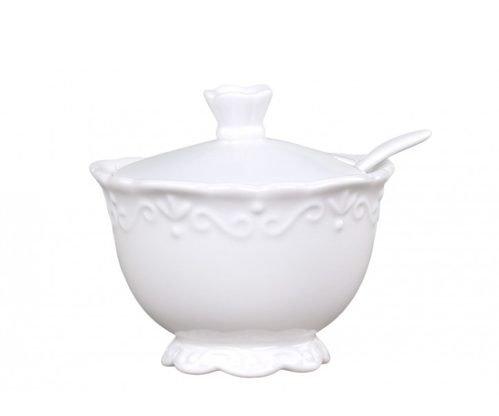 Porcelánová cukřenka se lžičkou a krajkou Provence lace - Ø10*9cm Chic Antique