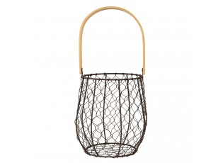 Hnědý drátěný košík s dřevěným držadlem - Ø15*19/36 cm