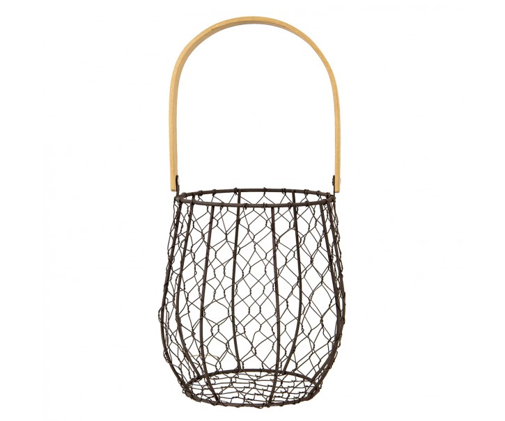 Hnědý drátěný košík s dřevěným držadlem - Ø15*19/36 cm Clayre & Eef