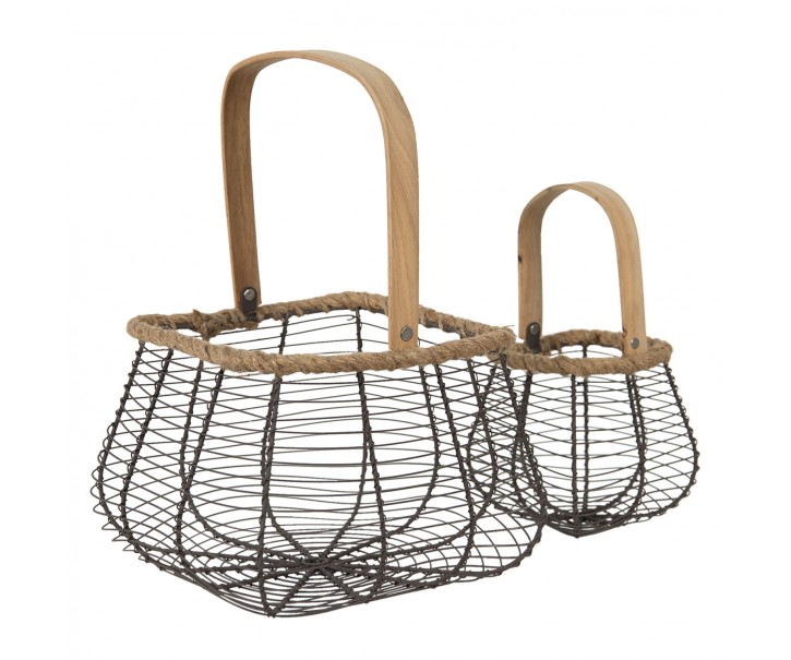 2ks drátěných košíků s dřevěným uchem - 23*16*16 / 13*10*12 cm Clayre & Eef