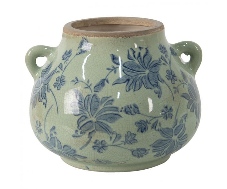 Zelený obal na květináč s modrými květy Minty - 17*16*13 cm Clayre & Eef