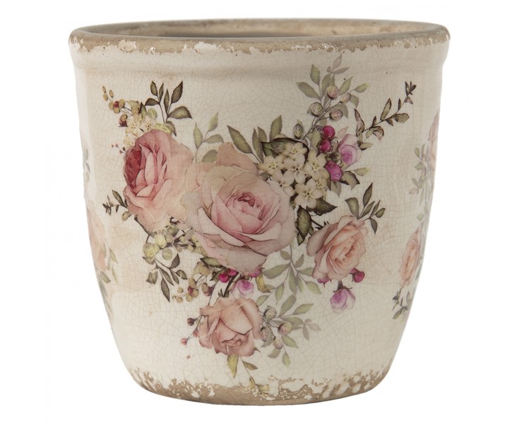 Keramický obal na květináč s růžemi Rosien - Ø12*12 cm Clayre & Eef