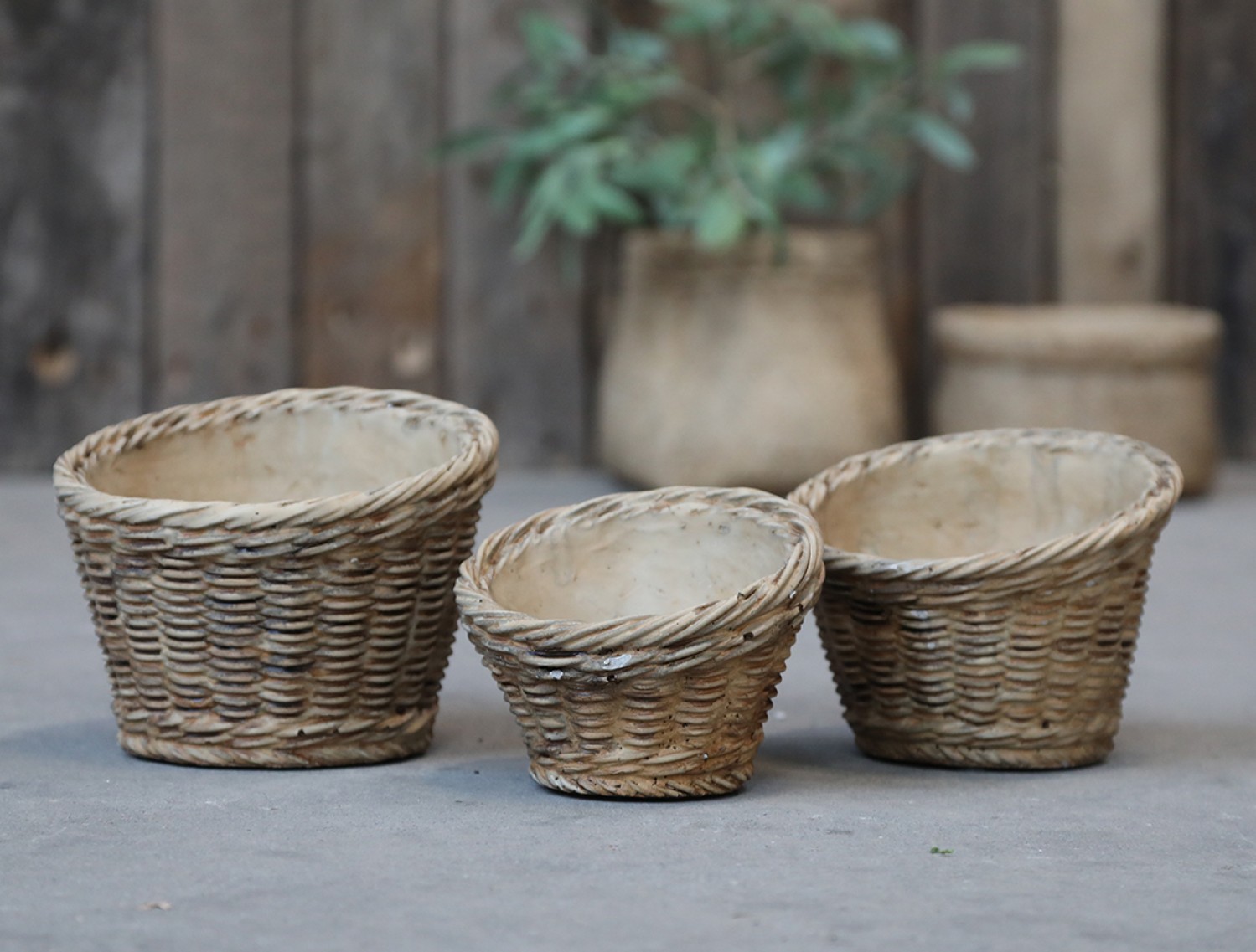 Hnědý šikmý obal na květináč s proutěným vzorem Corte - Ø 14*11,5cm Chic Antique Hnědý šikmý obal na květináč s proutěným vzorem Corte - Ø 14*11,5cm Chic Antique