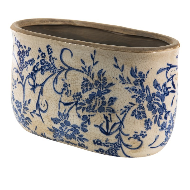 Oválný keramický obal na květináč s modrými květy Saten L - 22*12*13 cm Clayre & Eef Oválný keramický obal na květináč s modrými květy Saten L - 22*12*13 cm Clayre & Eef