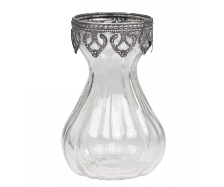 Skleněná dekorační váza s kovovým zdobením Hyacinth - Ø 9*15cm Chic Antique