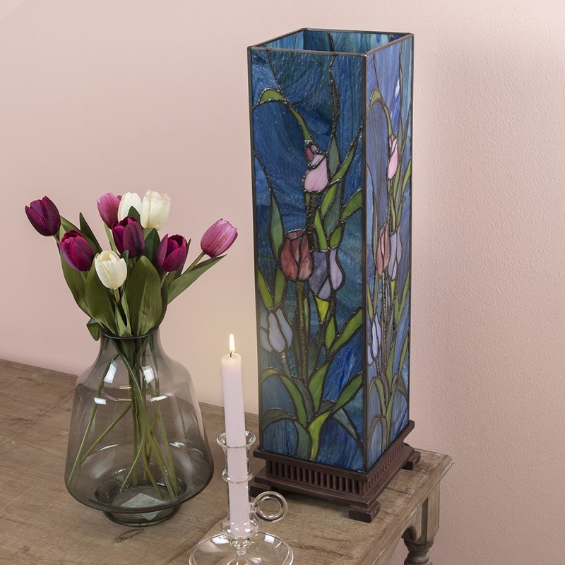 Modrá hranatá stolní lampa Tiffany s tulipány Toulipp - 24*58.5 cm/ 1*60W Clayre & Eef Modrá hranatá stolní lampa Tiffany s tulipány Toulipp - 24*58.5 cm/ 1*60W Clayre & Eef