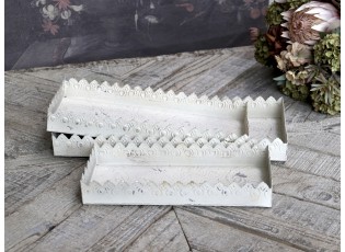 Set 3ks krémový antik kovový podnos s patinou Flowre - 40*18*5cm