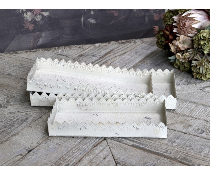 Set 3ks krémový antik kovový podnos s patinou Flowre - 40*18*5cm Chic Antique
